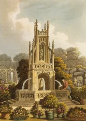Proyecto para una conducción de agua, propuesto en Ashridge, con vista lejana del rosedal y el jardín de los monjes, de «Fragments on the Theory and Practice of Landscape Gardening», publicado en 1816